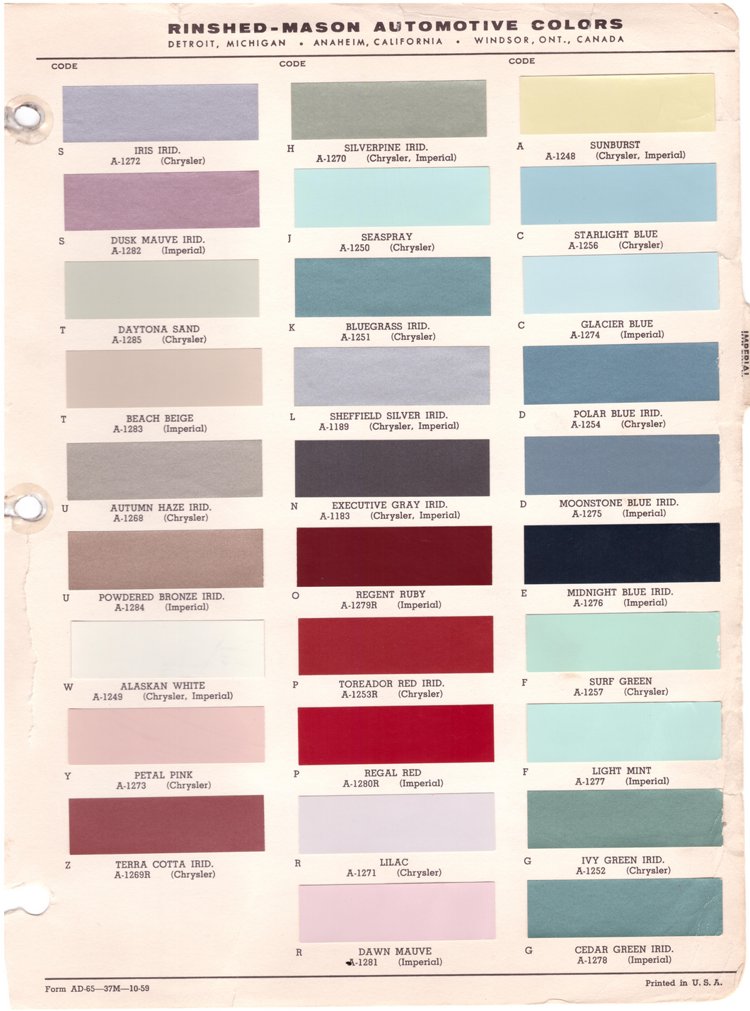1960's Chrysler/Imperial Paint Colors